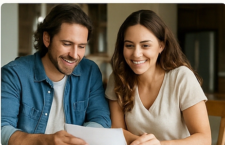 Couple heureux avec leur conseiller bancaire