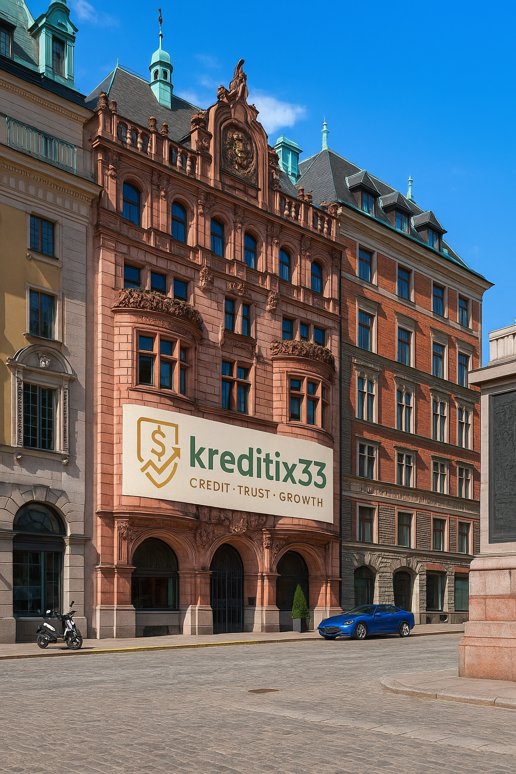 Siège Kreditix33 Stockholm - Bâtiment historique avec logo Kreditix33